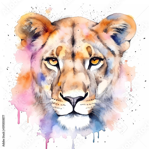 Watercolor pink brown lioness portrait painting. Realistic wild animal illustration on white background. Created with Generative AI technology.