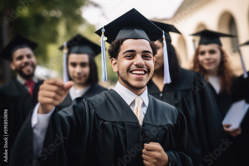Young male hispanic graduate student against university background, AI generated