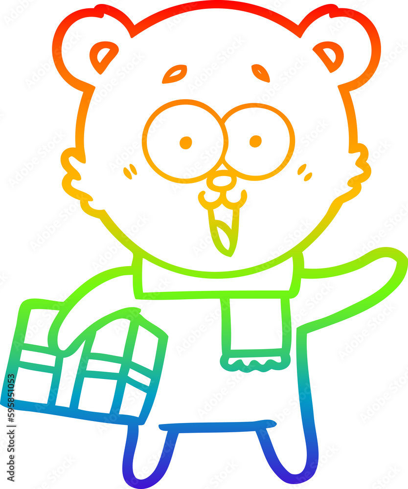 rainbow gradient line drawing of a laughing teddy bear with christmas present rainbow gradient line drawing of a laughing teddy bear with christmas present