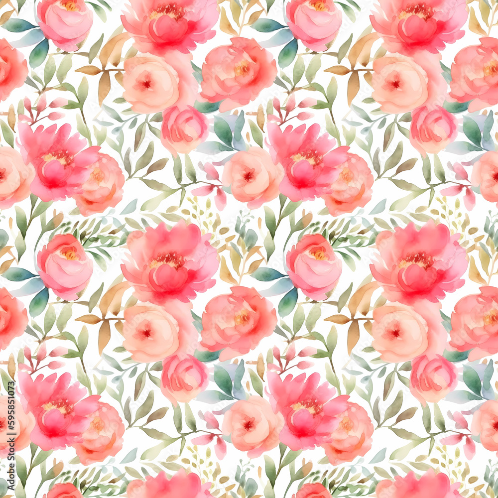 Watercolor pink and red peonies flowers seamless pattern on white background. Floral summer background.Created with Generative AI technology.