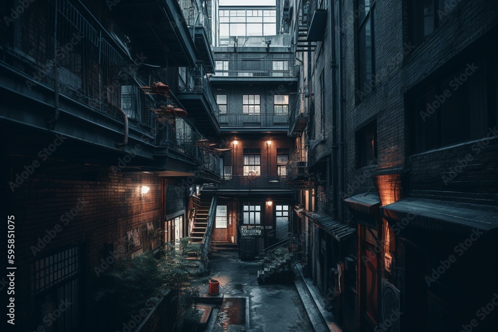 a dimly lit alleyway with modern architecture. Generative AI