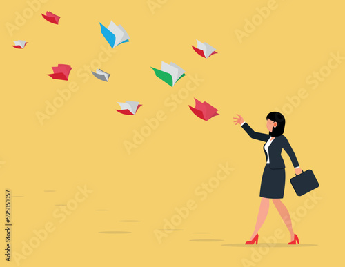 Businesswomen is running after books. Learning aspiration concept.