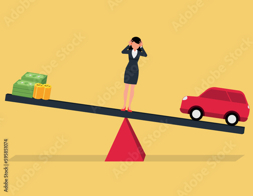 Money and Car, Business Deficit concept. Stressful business woman standing on the unbalanced seesaw between income and Daily Expenses