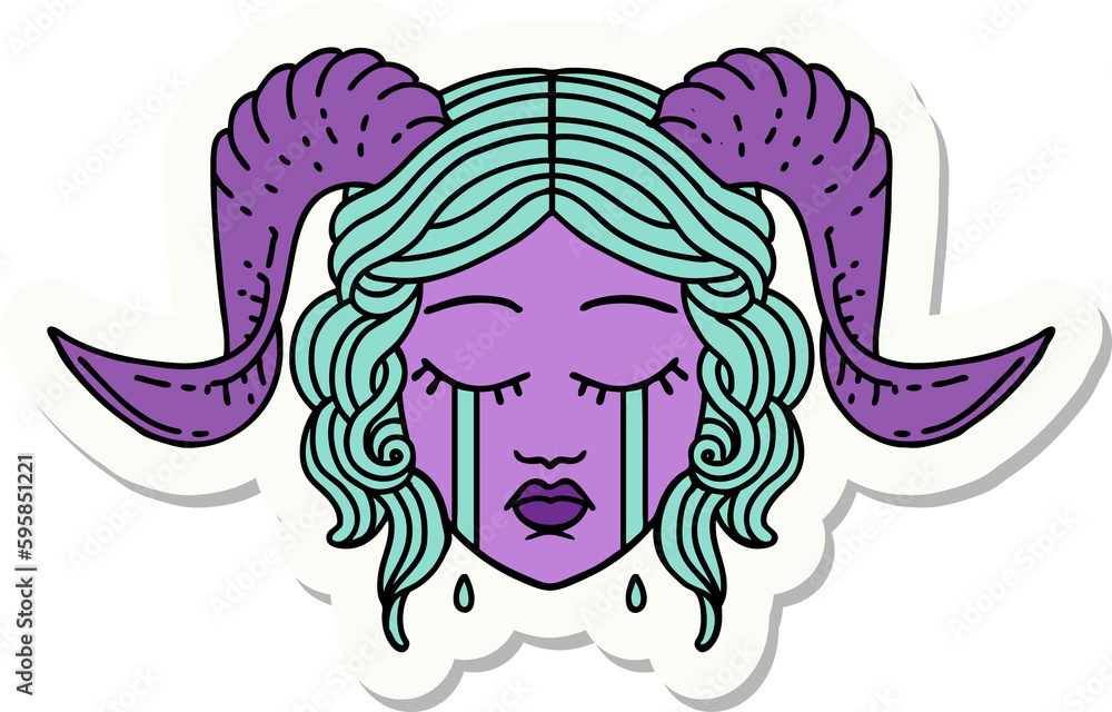 sticker of a crying tiefling character face