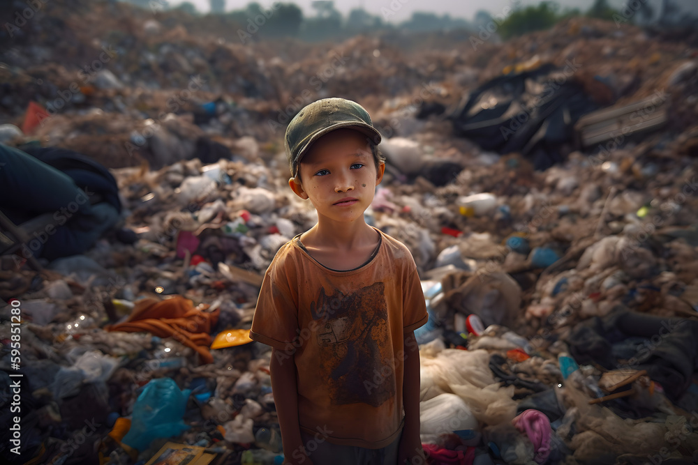 Poor homeless children in torn dirty clothes at the city garbage dump are working sorting