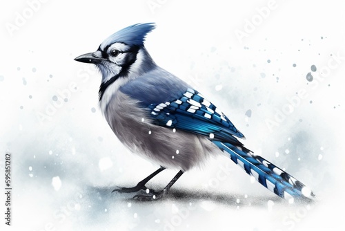 Watercolor illustration of blue jay bird in winter with snow, isolated on white background. Generative AI