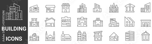 Set of 24 linear icon building. Editable stroke. big city buildings. Urban architecture. State institutions, religious and cultural monuments.
