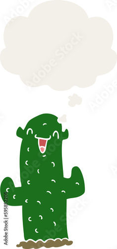 cartoon cactus with thought bubble in retro style
