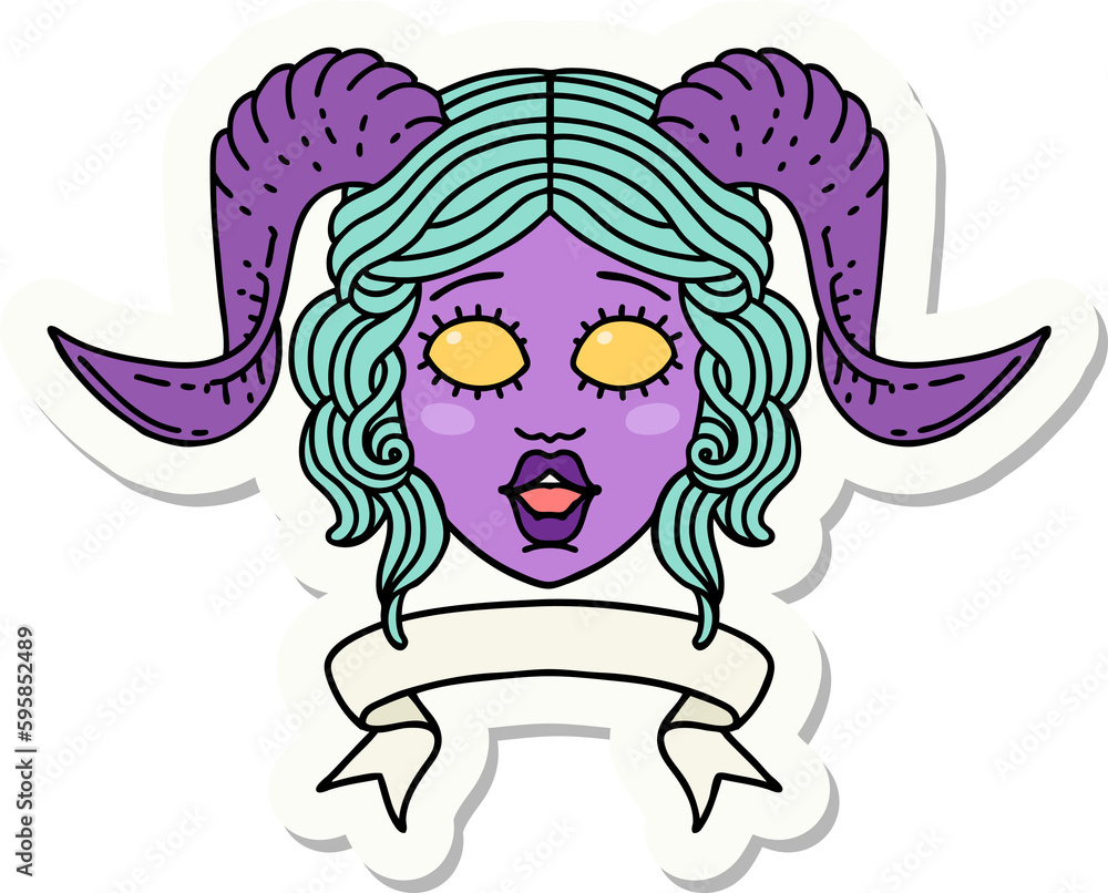 sticker of a tiefling character face with scroll banner sticker of a tiefling character face with scroll banner