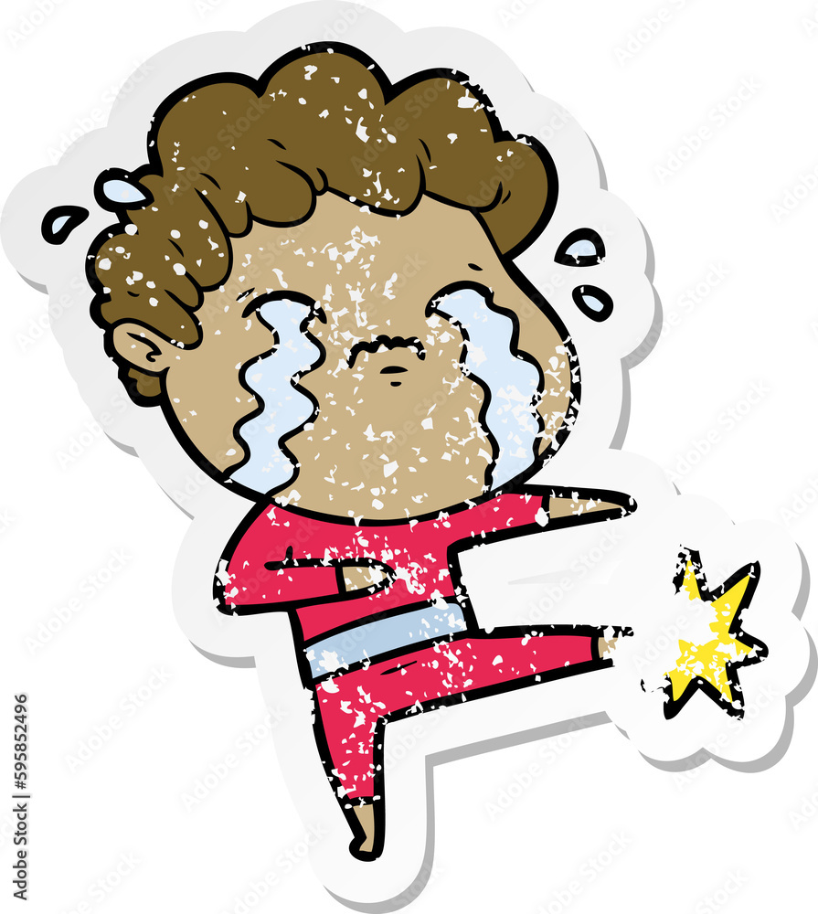 distressed sticker of a cartoon man crying distressed sticker of a cartoon man crying