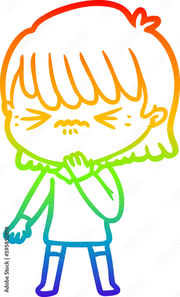 rainbow gradient line drawing of a cartoon girl regretting a mistake rainbow gradient line drawing of a cartoon girl regretting a mistake