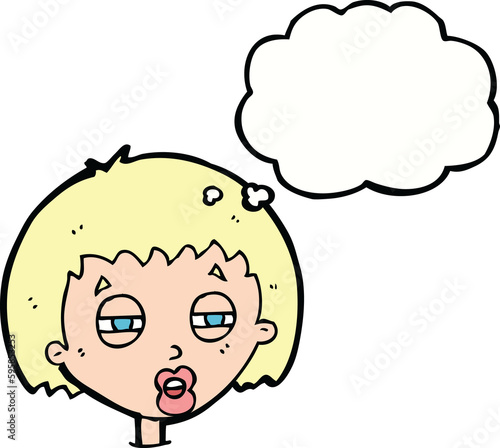 cartoon woman narrowing eyes with thought bubble