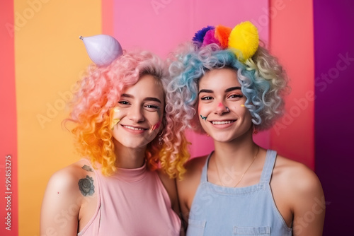Young lesbian couple with colorful hair are posing for a picture