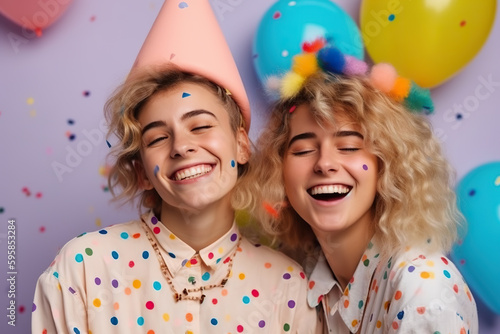 Young lesbian couple wearing party hats and confetti on their faces