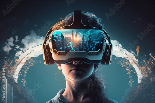 Girl wearing vr headset | Generative AI, metaverse, futuristic virtual world, state of consciousness, technology,