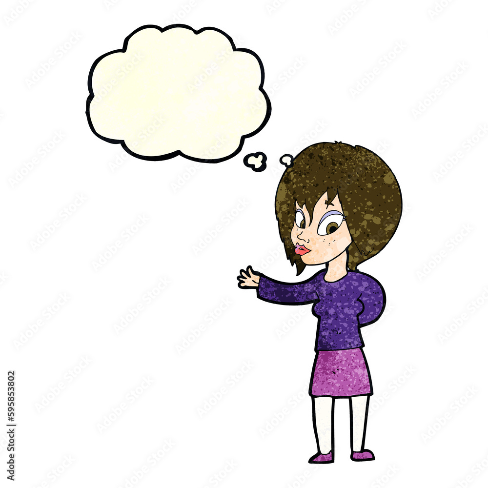 cartoon woman making welcome gesture with thought bubble cartoon woman making welcome gesture with thought bubble