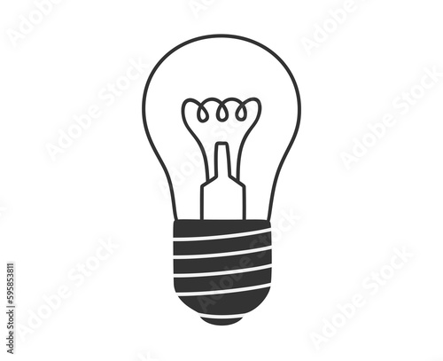 Hand drawn outline illustration of incandescent lamp, glowing light bulb. Flat vector good idea or answer concept in line art doodle style. Non eco friendly device sticker, icon or print. Isolated
