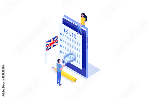 English Proficiency Test and Exam. IELTS International English Language Testing System. Isometric Vector illustration.