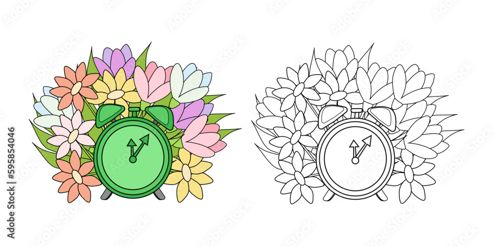 vector illustration coloring book green alarm clock and spring flowers around. An outline black and white drawing and a color version for an example.