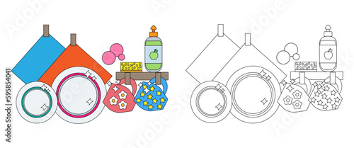 Vector illustration coloring book of a kitchen corner with clean dishes. An outline black and white drawing and a color version for an example