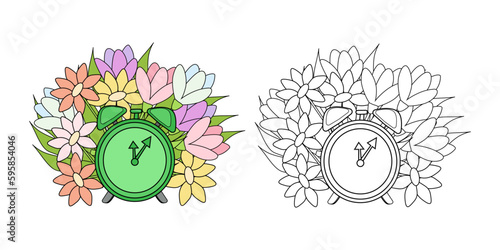 vector illustration coloring book green alarm clock and spring flowers around. An outline black and white drawing and a color version for an example.