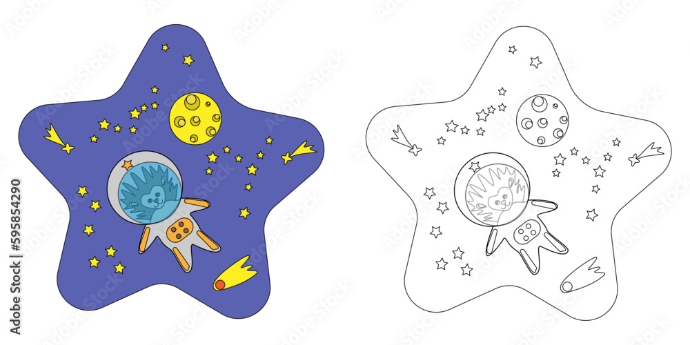Vector illustration coloring book hedgehog astronaut in space among the stars. An outline black and white drawing and a color version for an example.
