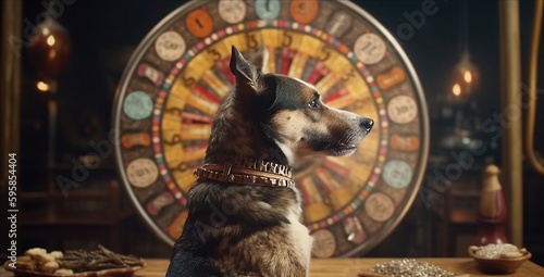 A dog in a festive costume spins the prize wheel, concept of Victory and Amusement. Generative ai