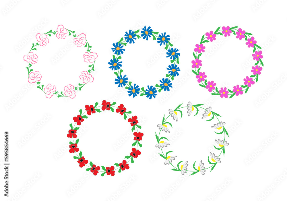 vector illustration set wreaths of summer flowers - rose, cornflower, kosmeya, poppy and chamomile - round frames with place for text