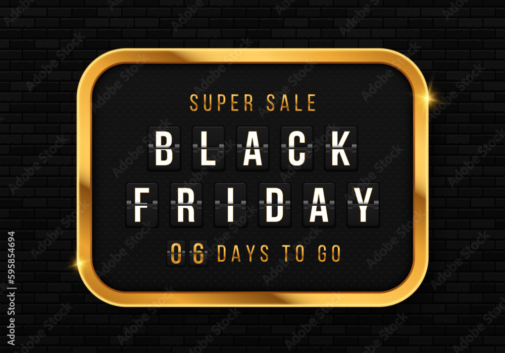  Luxury clock countdown display. Golden shiny banner for discount. Countdown timer for Black Friday. Days to do. Count time sale.