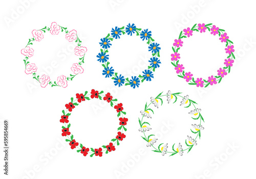 vector illustration set wreaths of summer flowers - rose, cornflower, kosmeya, poppy and chamomile - round frames with place for text