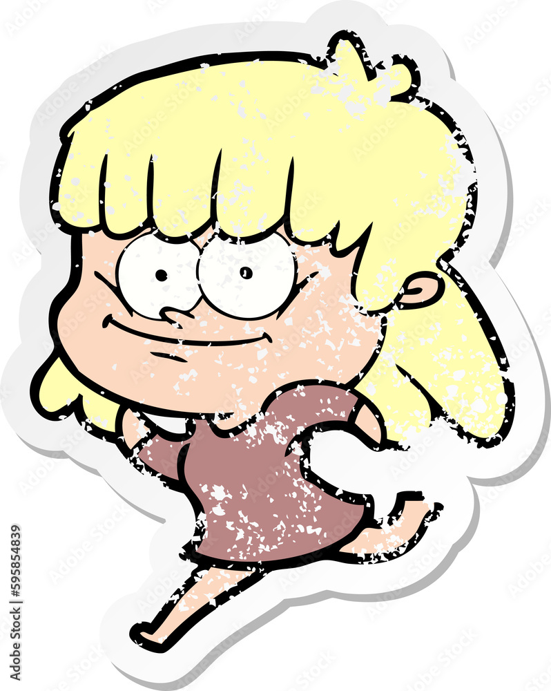distressed sticker of a cartoon smiling woman distressed sticker of a cartoon smiling woman