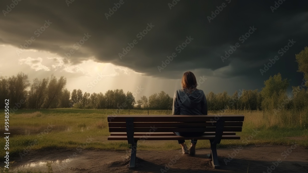 A sad woman sits on a bench and looks at the storm. Generative ai A sad woman sits on a bench and looks at the storm. Generative ai
