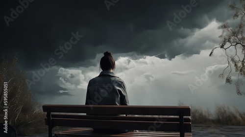 A sad woman sits on a bench and looks at the storm. Generative ai photo