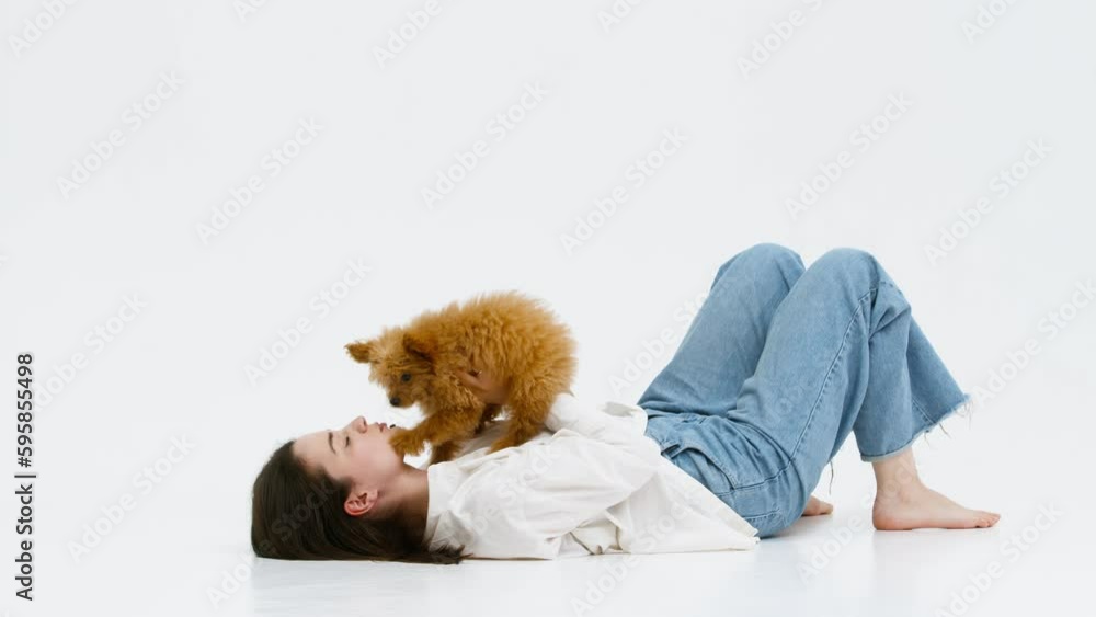 Happy woman lies on the floor with her dog. Charming dog sniffs something in front of him, lying on the lap of the girl. Young woman holding her curious puppy Happy woman lies on the floor with her dog. Charming dog sniffs something in front of him, lying on the lap of the girl. Young woman holding her curious puppy