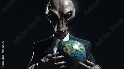 Alien dressed as a banker holding an earth planet. Generative ai