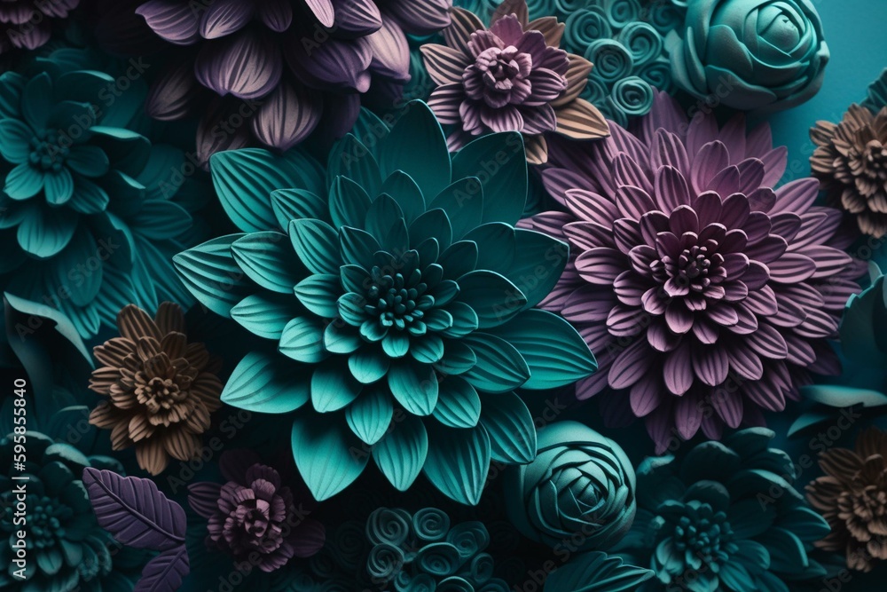 A 3D rendered floral wallpaper design with purple and turquoise colors. Generative AI