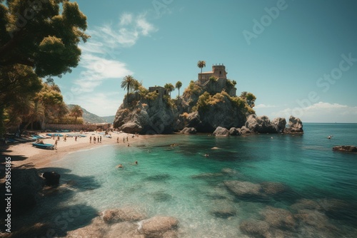 A vertical view of Isola Bella beach in Taormina, Sicily, on a sunny day at a beautiful tropical location. Generative AI