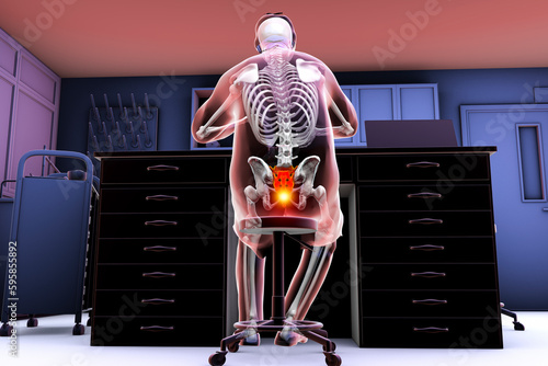 A man in a laboratory setting experiencing pain in his coccyx, conceptual 3D illustration photo