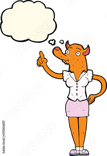 cartoon fox woman with idea with thought bubble