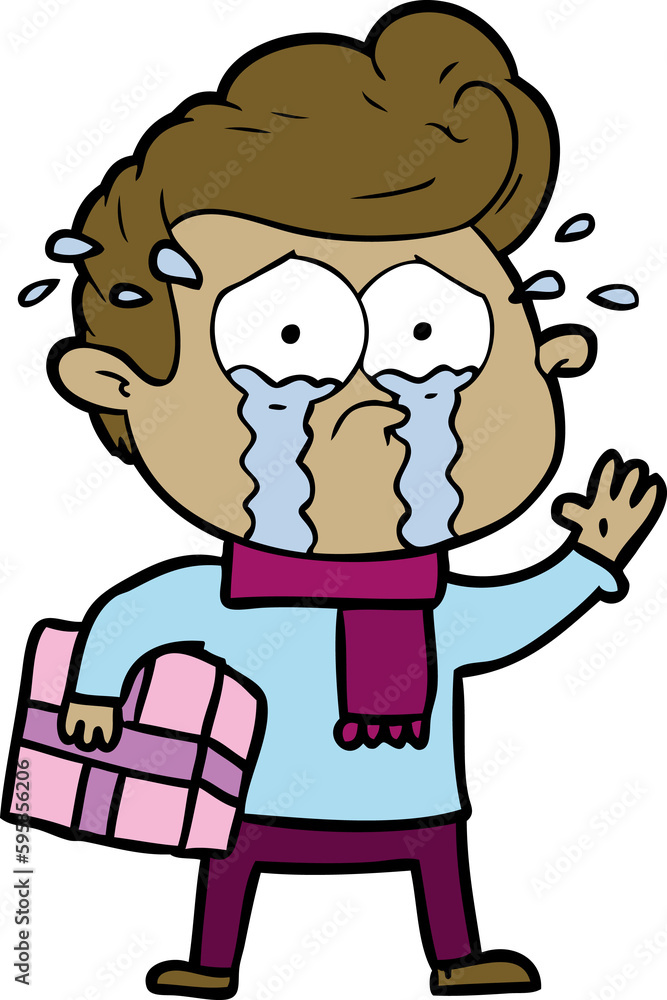 cartoon crying man with present cartoon crying man with present