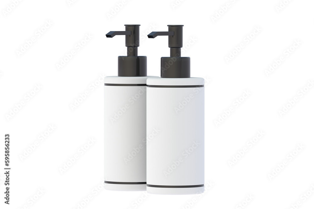 Obraz premium Two bottles for liquid soap isolated on white background. Dispenser pump. Cosmetic accessories. 3d render