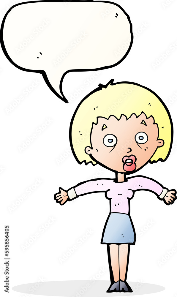 cartoon woman shrugging shoulders with speech bubble cartoon woman shrugging shoulders with speech bubble