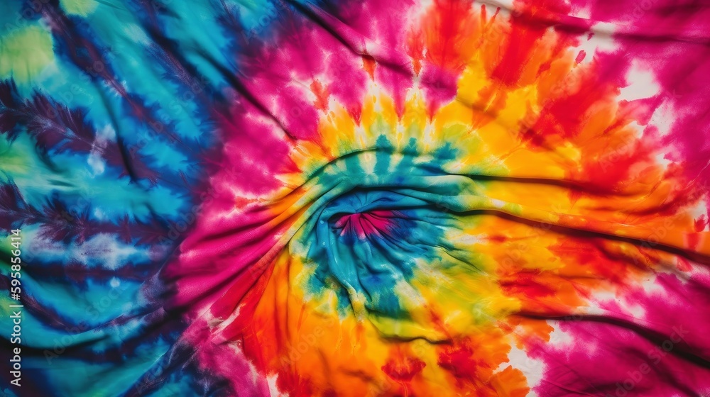 Spiral tie dye pattern hand dyed on cotton fabric abstract texture background. Generative ai