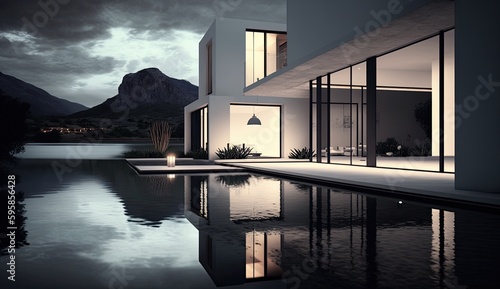 Modern lakeside house with amazing water mirror  where it is an experience to live. Generative AI Technology 