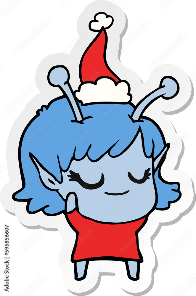 smiling alien girl hand drawn sticker cartoon of a wearing santa hat smiling alien girl hand drawn sticker cartoon of a wearing santa hat