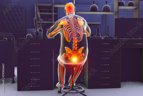 A man in a laboratory setting experiencing pain in his coccyx, conceptual 3D illustration
