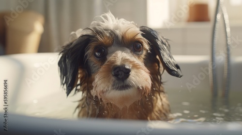 Dog taking a bath in a bathtub with foam. Generative ai