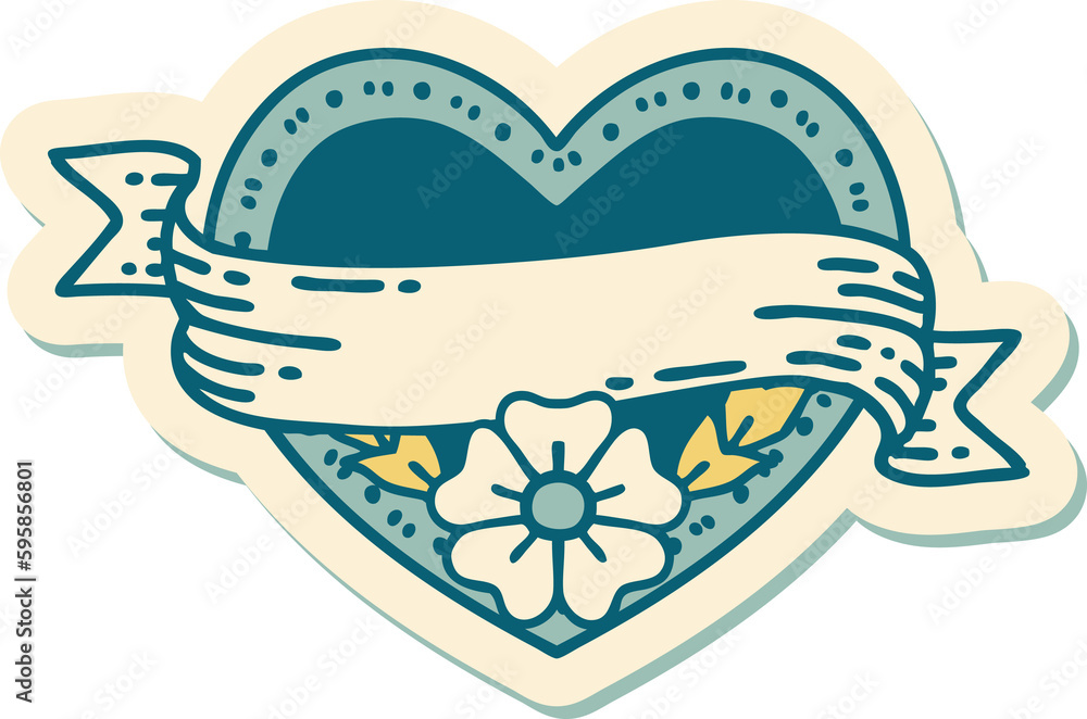 sticker of tattoo in traditional style of a heart and banner with flowers