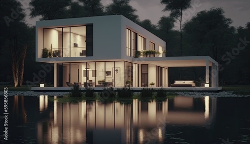 Modern lakeside house with amazing water mirror, where it is an experience to live. Generative AI Technology  © Dniel