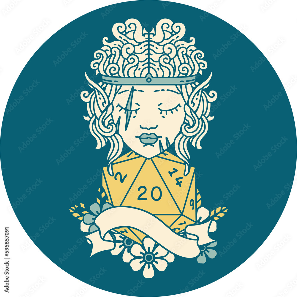 Retro Tattoo Style elf barbarian character face with natural twenty dice roll Retro Tattoo Style elf barbarian character face with natural twenty dice roll